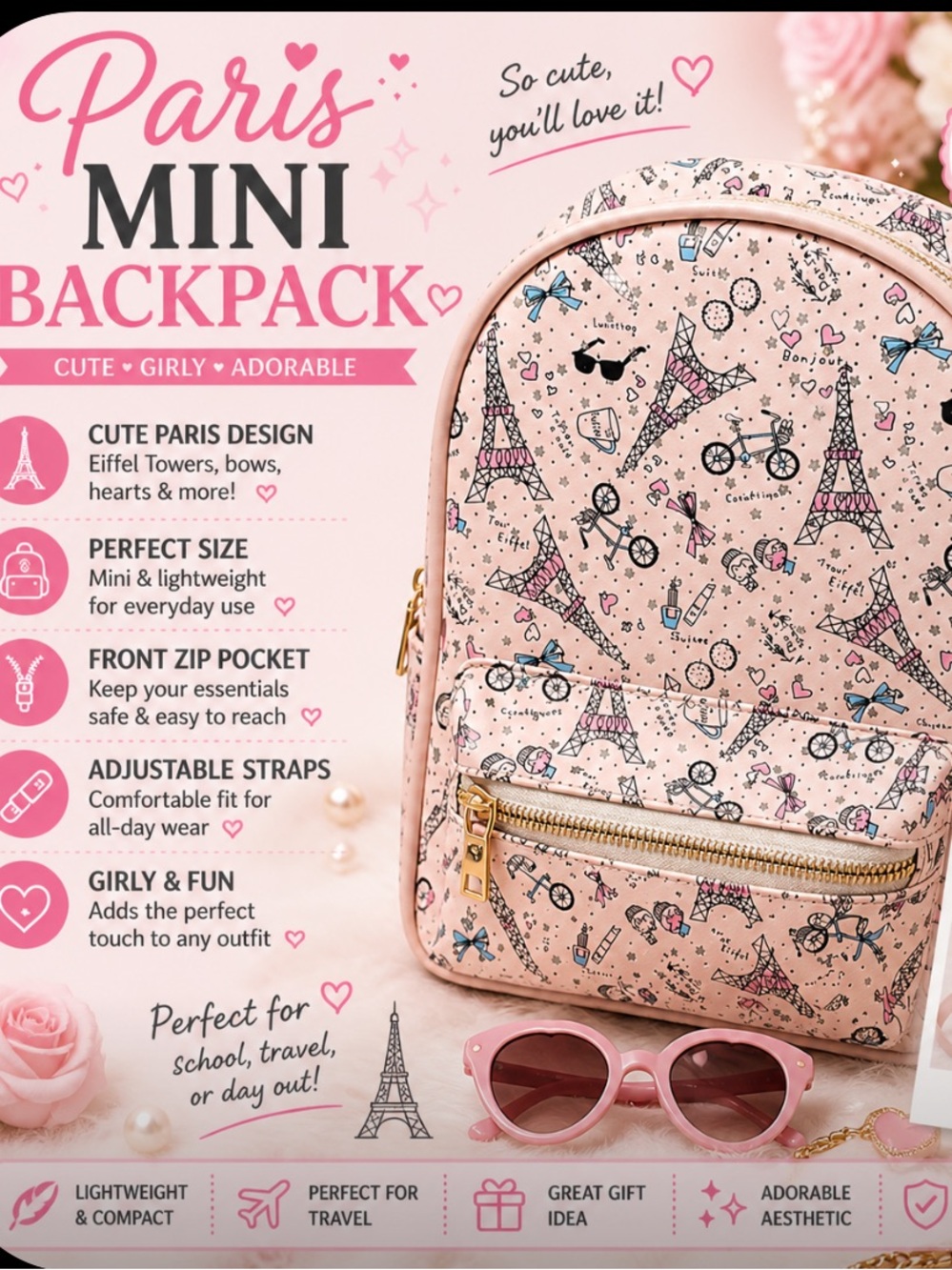 Paris Mini Kids Backpack - Pink Eiffel Tower Print